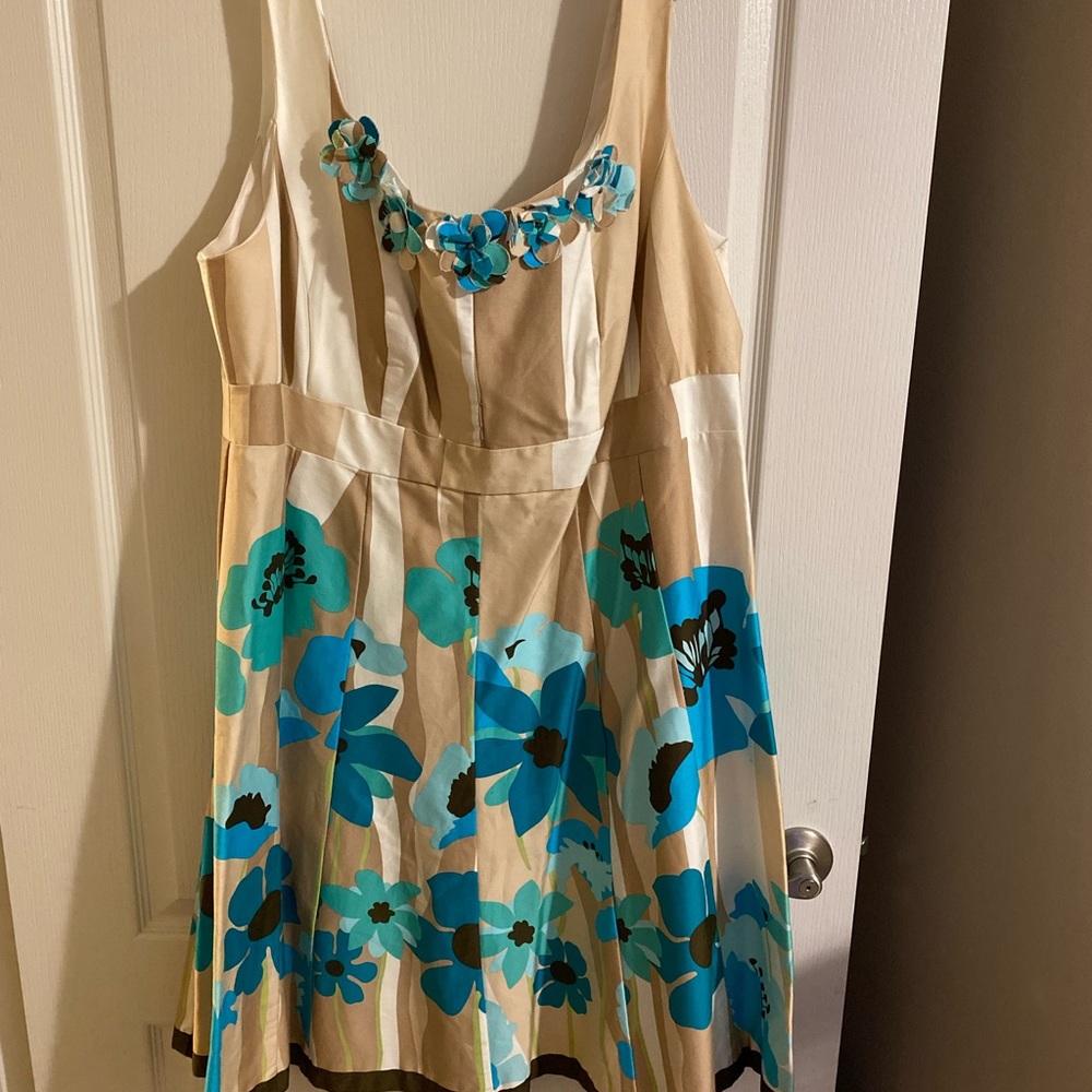 Signature by Robbie Bee Beige Dress with Turquoise and Teal Floral Print